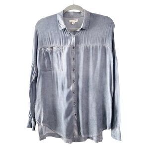 silence + noise Acid Wash Blue Long Dolman Sleeve Button Front Slouchy Top XS